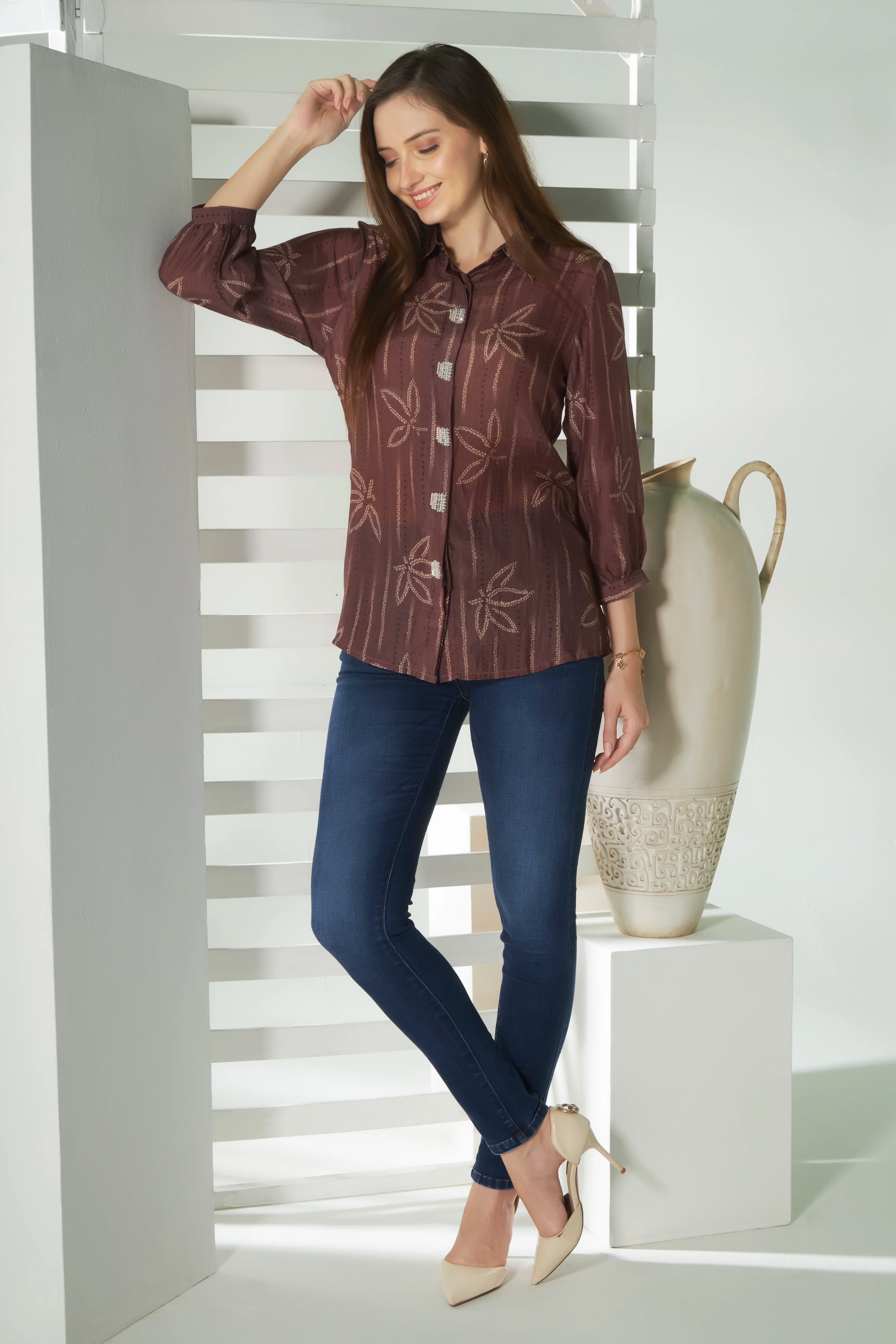Earthy Elegance: Hand-Embroidered Brown Printed Shirt