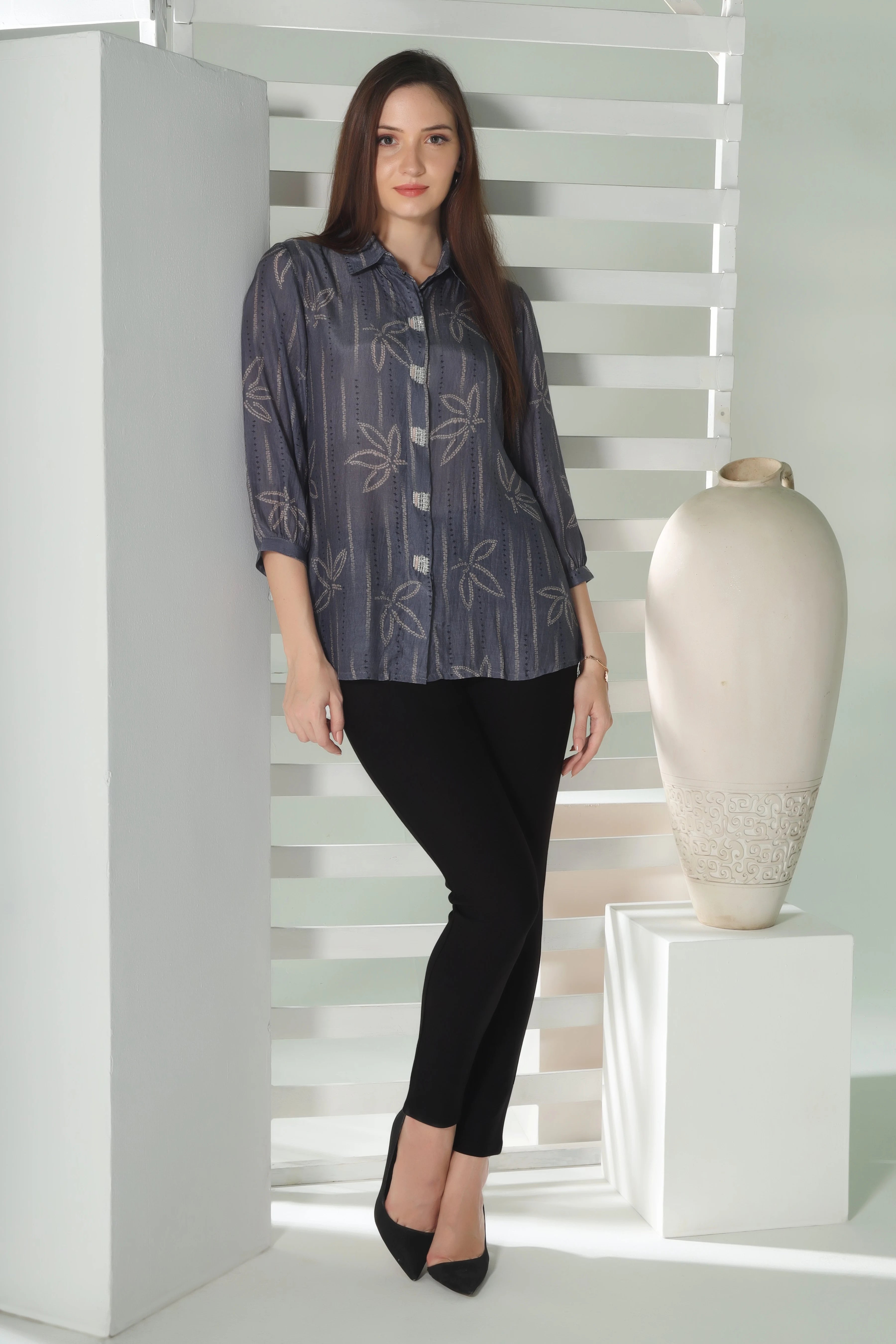Hand embroidered grey printed shirt
