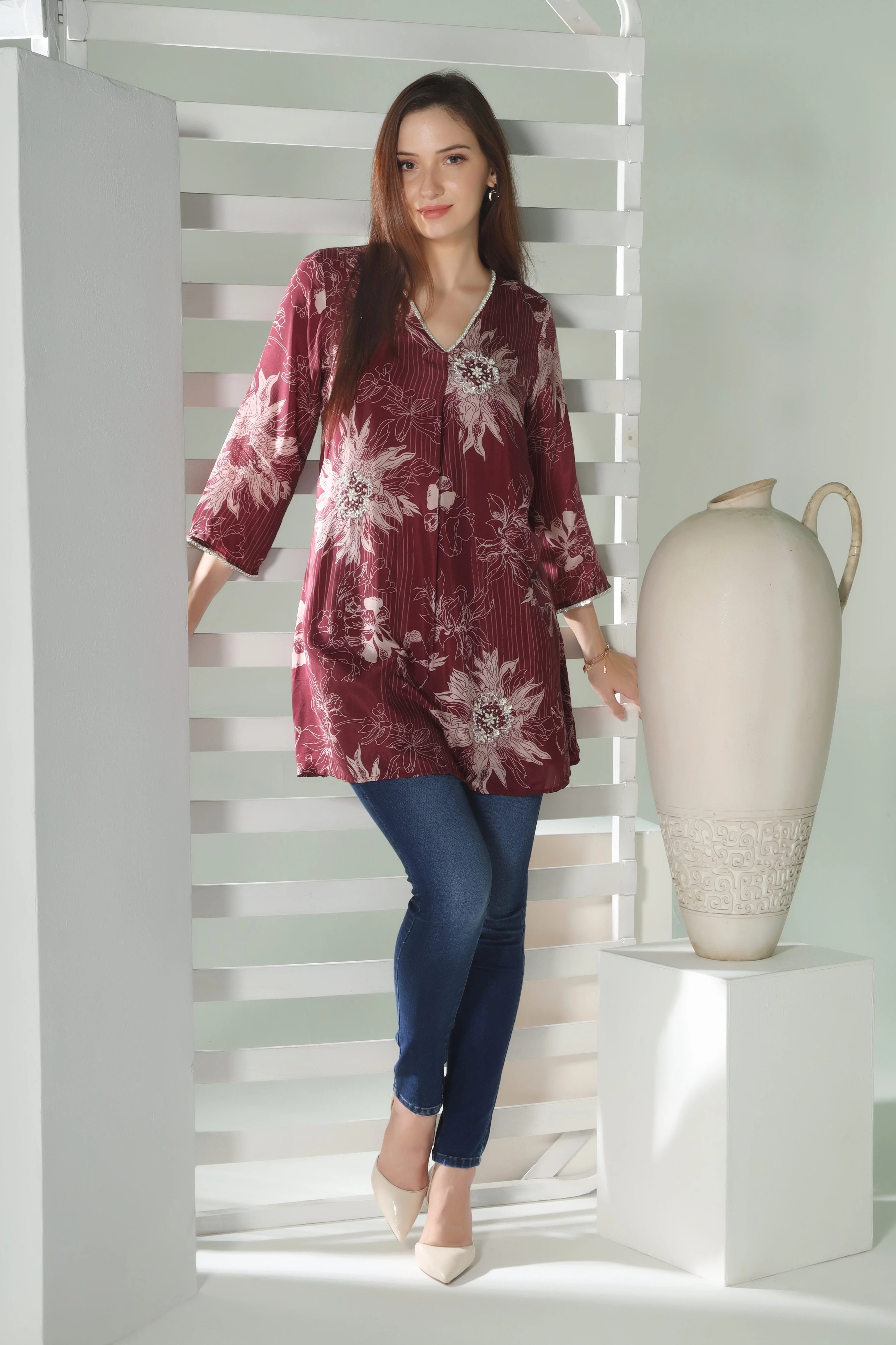 Floral Elegance: Maroon Stripe Kurti with Pearl-Embroidered Flowers