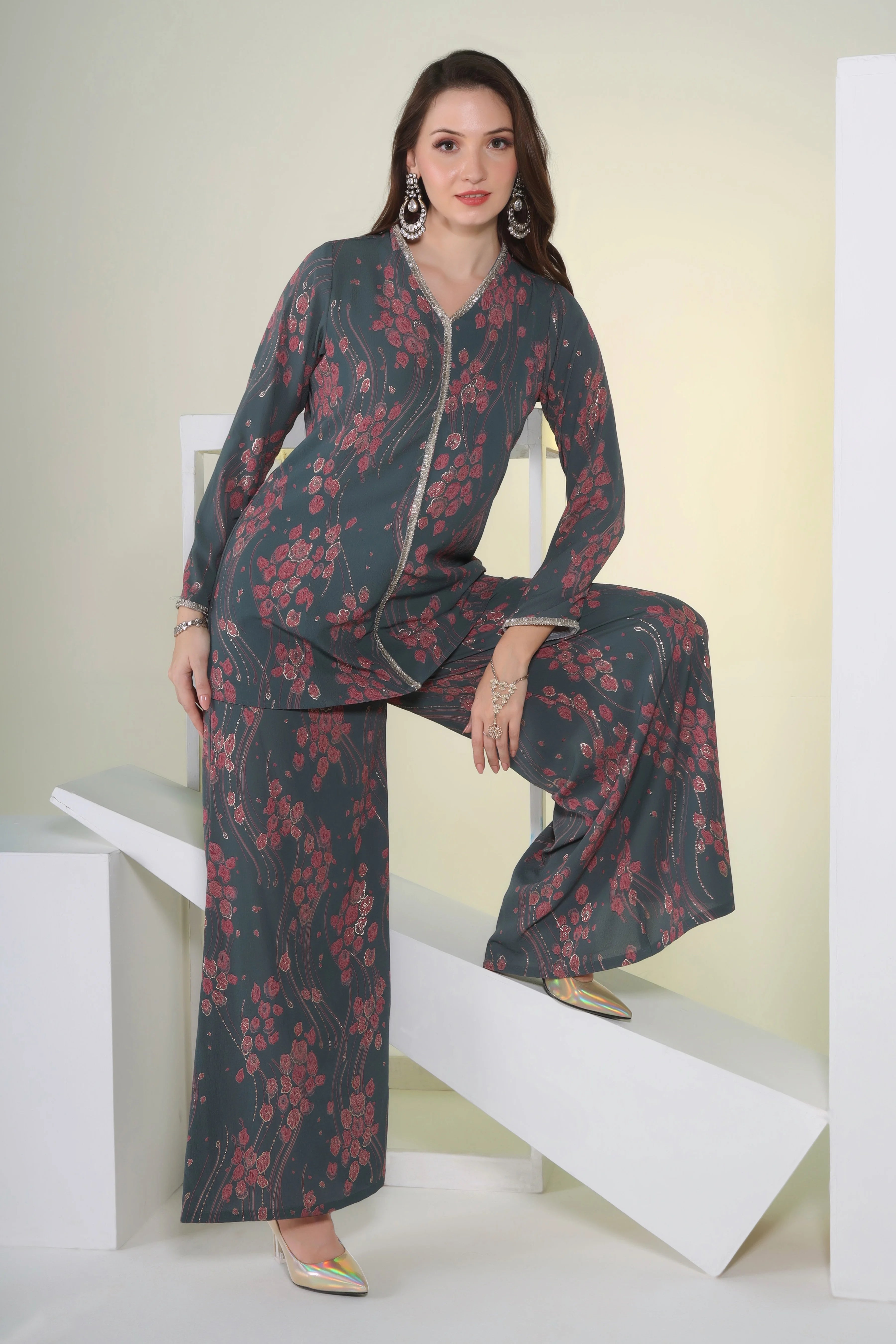 Graceful Charm: Grey Printed Kurta with Flared Palazzo and Gold Embroidery