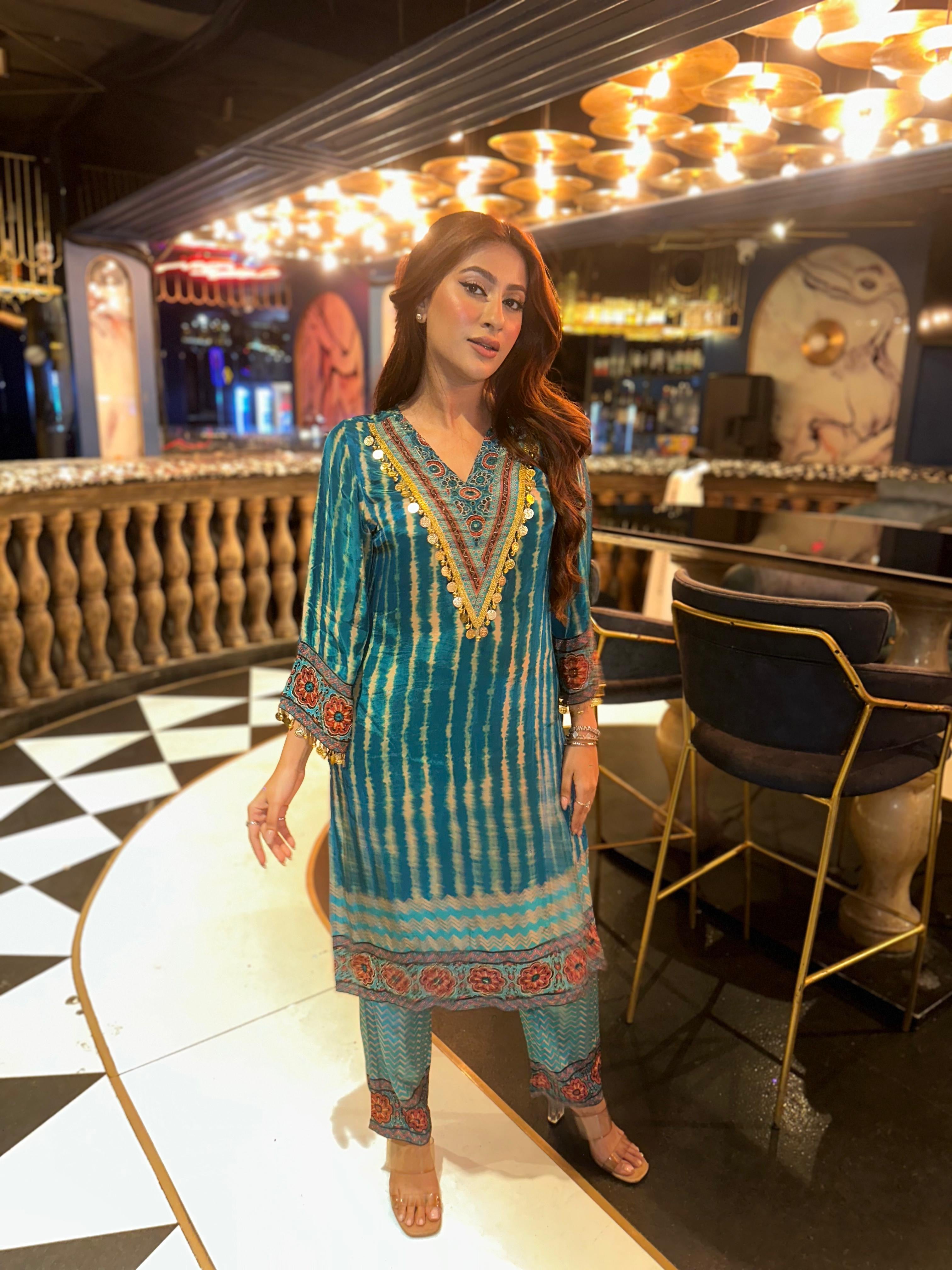 Teel blue tie-dye digital print kurta set with Potli bag