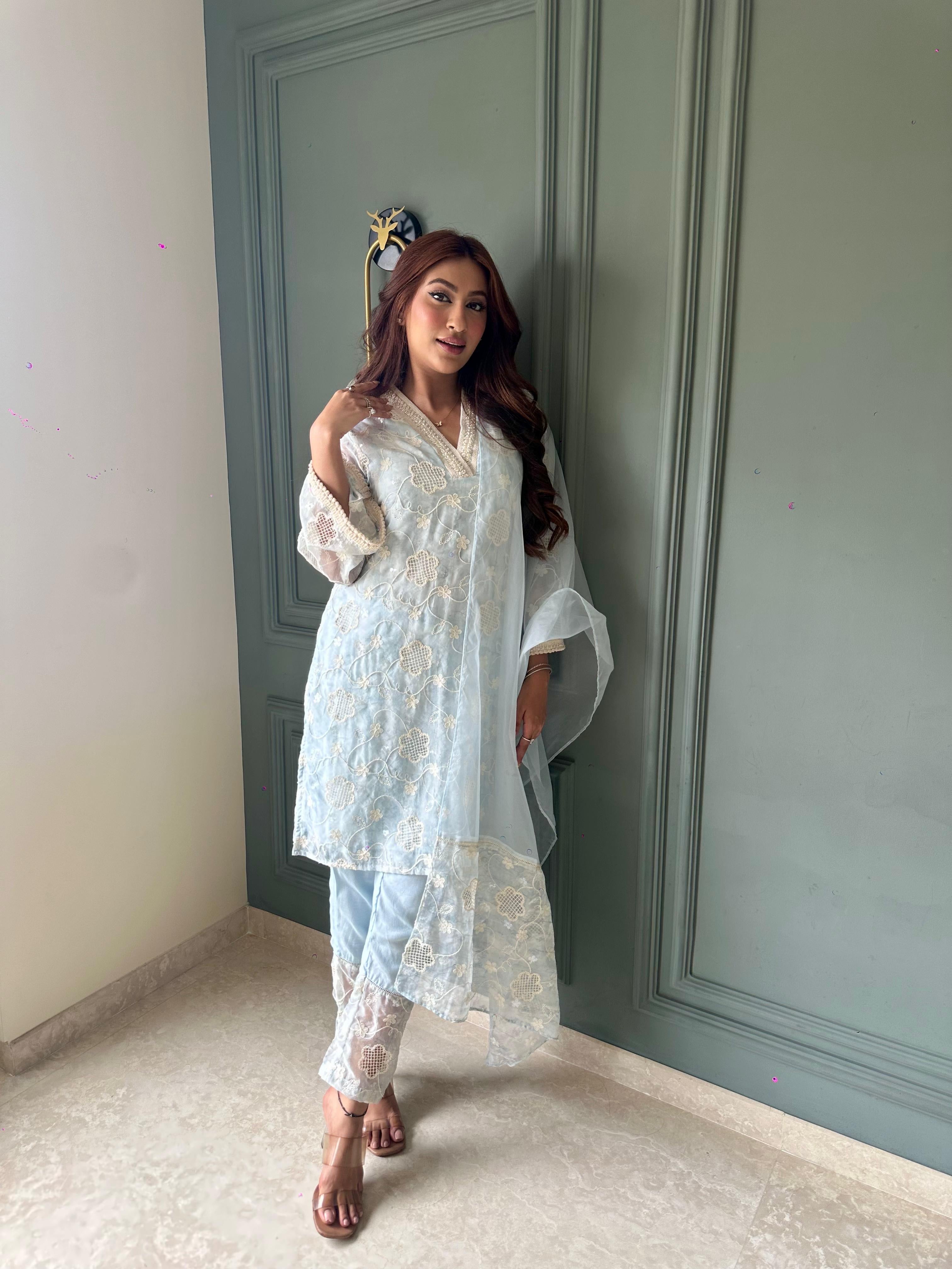 Blue Cutwork Pakistani style kurta pant dupatta set