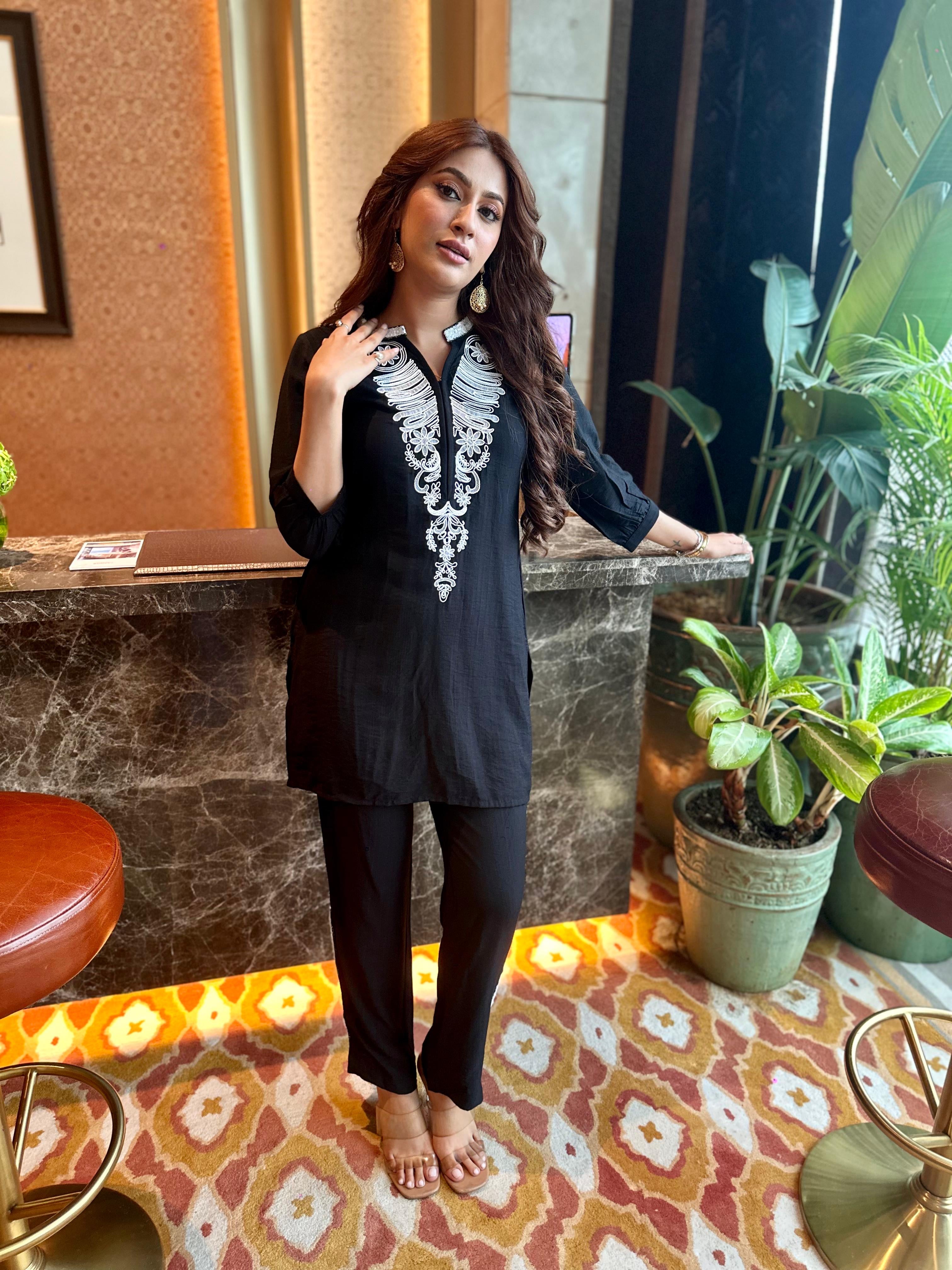 Black Co-ord Set with white dori embroidery