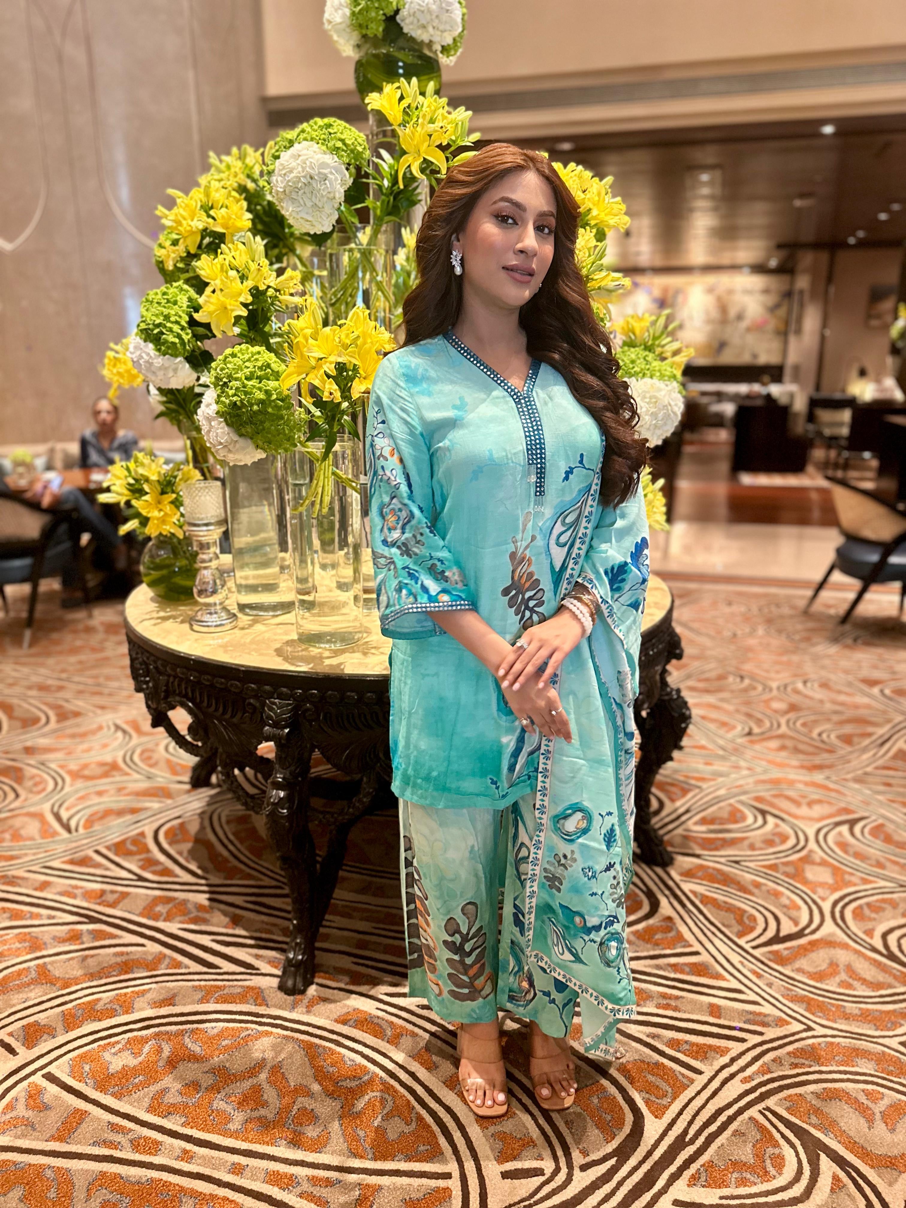 Turquois blue digital print  Linen Three piece set