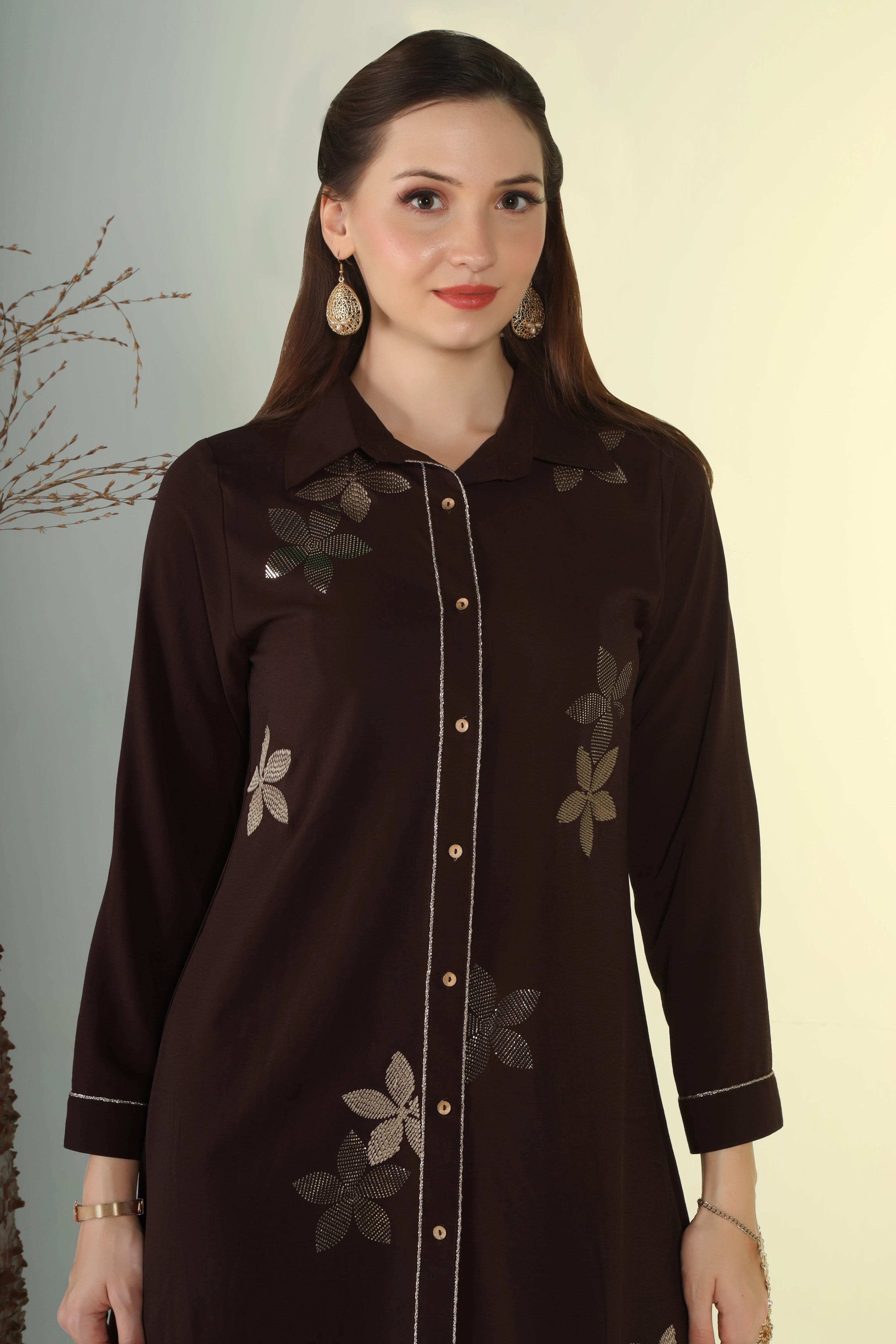 Elegant Fusion: Brown Crepe Collared Kurta with Gold Laser Embroidery